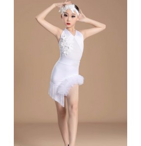 Girls kids white lace flowers latin ballroom dance dresses modern salsa rumba chacha stage performance costumes for children